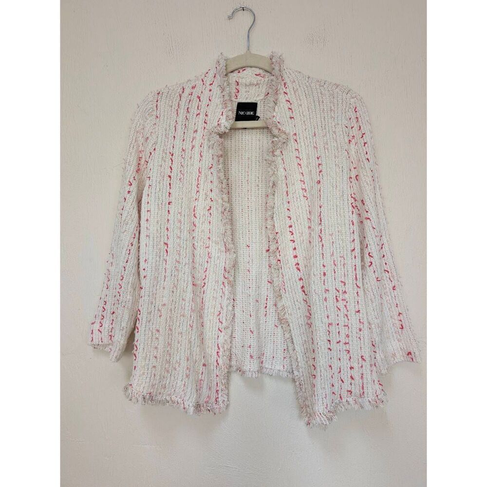 Nic+Zoe Womens Spring Fringe Tweed 3/4 Sleeve Blazer Jacket White & Pink Large